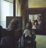 Дали, рисующий Галу со спины, с шестью запечатленными добродетельными оболочками глаз, условно отраженными шестью настоящими зеркалами 1973 Дали, рисующий Галу со спины, с шестью запечатленными добродетельными оболочками глаз, условно отраженными шестью настоящими зеркалами 1973